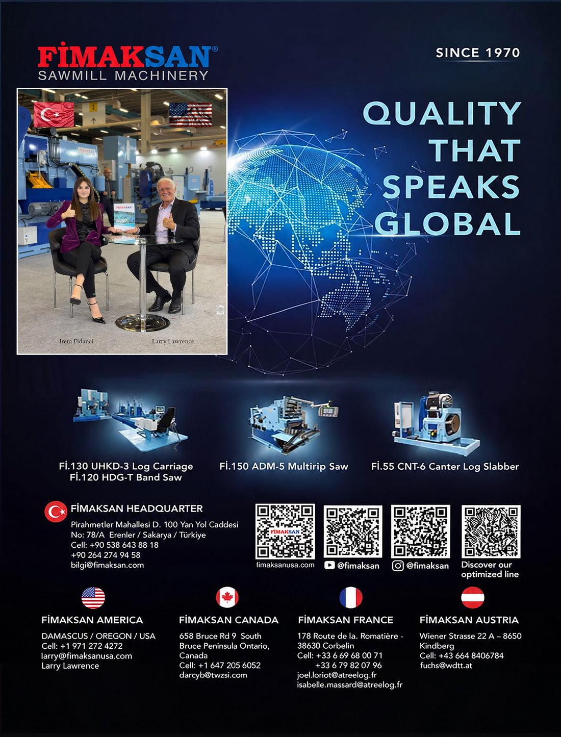 FIMAKSAN Sawmill Machinery – Quality that speaks global – since 1970. Offices in Türkiye, USA, Canada, France and Austria